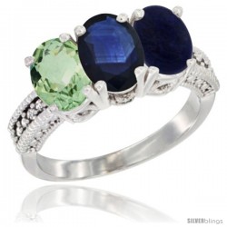 14K White Gold Natural Green Amethyst, Blue Sapphire & Lapis Ring 3-Stone 7x5 mm Oval Diamond Accent