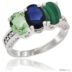 14K White Gold Natural Green Amethyst, Blue Sapphire & Malachite Ring 3-Stone 7x5 mm Oval Diamond Accent