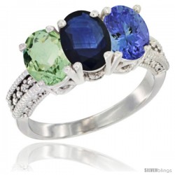 14K White Gold Natural Green Amethyst, Blue Sapphire & Tanzanite Ring 3-Stone 7x5 mm Oval Diamond Accent