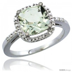 14k White Gold Ladies Natural Green Amethyst Ring Cushion-cut 3.8 ct. 8x8 Stone Diamond Accent