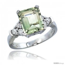 14k White Gold Ladies Natural Green Amethyst Ring Emerald-shape 9x7 Stone Diamond Accent