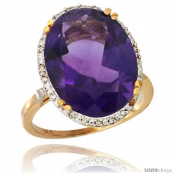 14k Yellow Gold Diamond Halo Large Amethyst Ring 10.3 ct Oval Stone 18x13 mm, 3/4 in wide