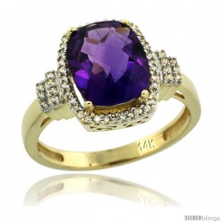 14k Yellow Gold Diamond Halo Amethyst Ring 2.4 ct Cushion Cut 9x7 mm, 1/2 in wide