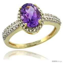 14k Yellow Gold Diamond Halo Amethyst Ring 1.2 ct Oval Stone 8x6 mm, 3/8 in wide