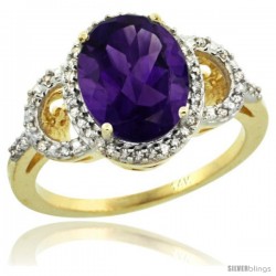 14k Yellow Gold Diamond Halo Amethyst Ring 2.4 ct Oval Stone 10x8 mm, 1/2 in wide