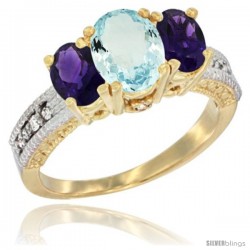 14k Yellow Gold Ladies Oval Natural Aquamariine 3-Stone Ring with Amethyst Sides Diamond Accent