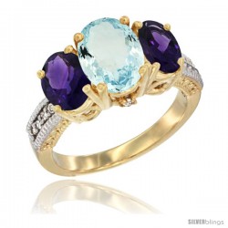 14K Yellow Gold Ladies 3-Stone Oval Natural Aquamarine Ring with Amethyst Sides Diamond Accent