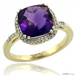 14k Yellow Gold Diamond Amethyst Ring 3 ct Cushion Cut 9x9 mm, 1/2 in wide