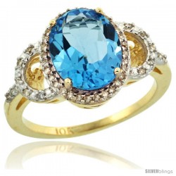 10k Yellow Gold Diamond Halo Swiss Blue Topaz Ring 2.4 ct Oval Stone 10x8 mm, 1/2 in wide