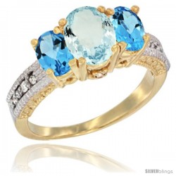 10K Yellow Gold Ladies Oval Natural Aquamarine 3-Stone Ring with Swiss Blue Topaz Sides Diamond Accent