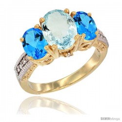 10K Yellow Gold Ladies 3-Stone Oval Natural Aquamarine Ring with Swiss Blue Topaz Sides Diamond Accent