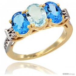 10K Yellow Gold Natural Aquamarine & Swiss Blue Topaz Sides Ring 3-Stone Oval 7x5 mm Diamond Accent