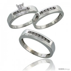 10k White Gold Diamond Trio Engagement Wedding Ring 3-piece Set for Him & Her 5 mm & 4.5 mm, 0.14 cttw Brilliant Cut