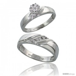 10k White Gold Diamond Engagement Rings 2-Piece Set for Men and Women 0.08 cttw Brilliant Cut, 4.5mm & 6mm wide