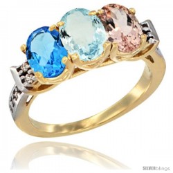 10K Yellow Gold Natural Swiss Blue Topaz, Aquamarine & Morganite Ring 3-Stone Oval 7x5 mm Diamond Accent