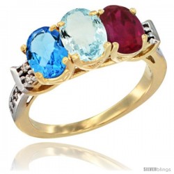 10K Yellow Gold Natural Swiss Blue Topaz, Aquamarine & Ruby Ring 3-Stone Oval 7x5 mm Diamond Accent