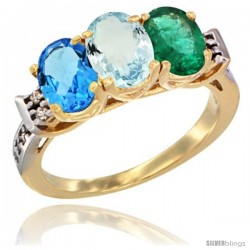 10K Yellow Gold Natural Swiss Blue Topaz, Aquamarine & Emerald Ring 3-Stone Oval 7x5 mm Diamond Accent