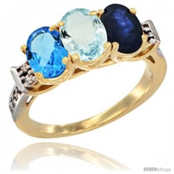 10K Yellow Gold Natural Swiss Blue Topaz, Aquamarine & Blue Sapphire Ring 3-Stone Oval 7x5 mm Diamond Accent