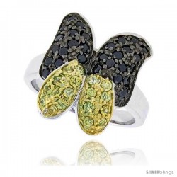 Sterling Silver & Rhodium Plated Butterfly Ring, w/ 2mm High Quality CZ's (20 Citrine, 28 Black), 3/4" (19 mm) wide
