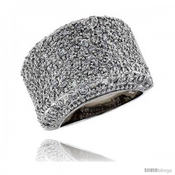 Sterling Silver & Rhodium Plated Dome Band, w/ Tiny High Quality CZ's, 11/16" (17 mm) wide