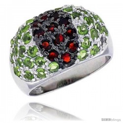 Sterling Silver & Rhodium Plated Dome Ring, w/ 2mm High Quality CZ's (12 Ruby, 34 Peridot), 1/2" (12 mm) wide