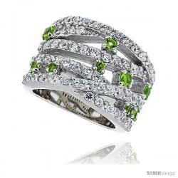 Sterling Silver & Rhodium Plated Freeform Band, w/ 2mm High Quality White & Peridot CZ's, 5/8" (15 mm) wide