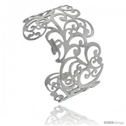 Stainless Steel Cuff Bangle Bracelet Floral Vine Cut-out pattern 1 1/2 in wide, size 7.5 in