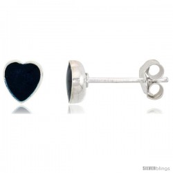 Tiny Sterling Silver Heart Stud Earrings Dark Blue Resin Inlay, 1/4 in(6 mm)