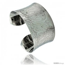 Stainless Steel Cuff Bangle Bracelet Concaved Laser Etched Floral Pattern 1 1/2 in wide, size 7.5 in