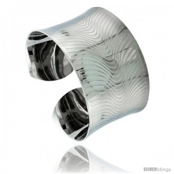 Stainless Steel Cuff Bangle Bracelet Concaved Laser Etched Swirl Stripes 1 1/2 in wide, size 7.5 in