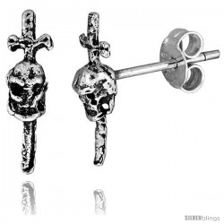 Tiny Sterling Silver Skull Stud Earrings 9/16 in