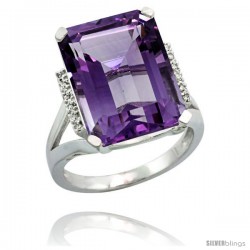 Sterling Silver Diamond Amethyst Ring 12 ct Natural Emerald Cut 16x12 stone 3/4 in wide