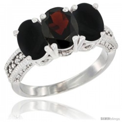 10K White Gold Natural Garnet & Black Onyx Ring 3-Stone Oval 7x5 mm Diamond Accent