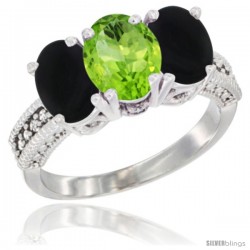 10K White Gold Natural Peridot & Black Onyx Ring 3-Stone Oval 7x5 mm Diamond Accent