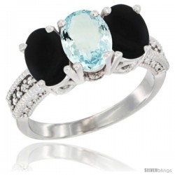 10K White Gold Natural Aquamarine & Black Onyx Ring 3-Stone Oval 7x5 mm Diamond Accent