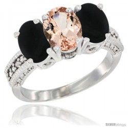 10K White Gold Natural Morganite & Black Onyx Ring 3-Stone Oval 7x5 mm Diamond Accent