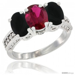 10K White Gold Natural Ruby & Black Onyx Ring 3-Stone Oval 7x5 mm Diamond Accent