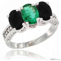 10K White Gold Natural Emerald & Black Onyx Ring 3-Stone Oval 7x5 mm Diamond Accent