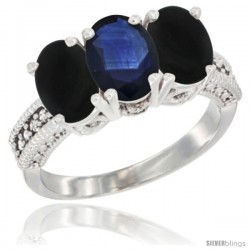 10K White Gold Natural Blue Sapphire & Black Onyx Ring 3-Stone Oval 7x5 mm Diamond Accent