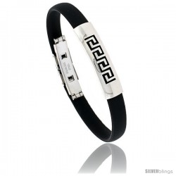 Stainless Steel & Rubber Greek Key Bangle Bracelet 3/8 in wide