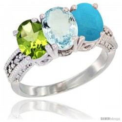 14K White Gold Natural Peridot, Aquamarine & Turquoise Ring 3-Stone 7x5 mm Oval Diamond Accent