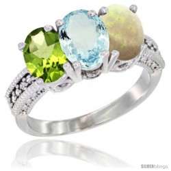 14K White Gold Natural Peridot, Aquamarine & Opal Ring 3-Stone 7x5 mm Oval Diamond Accent