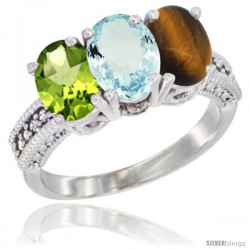 14K White Gold Natural Peridot, Aquamarine & Tiger Eye Ring 3-Stone 7x5 mm Oval Diamond Accent