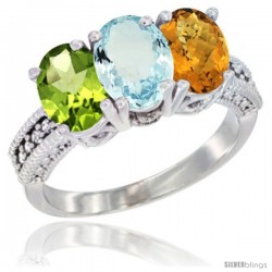 14K White Gold Natural Peridot, Aquamarine & Whisky Quartz Ring 3-Stone Oval 7x5 mm Diamond Accent