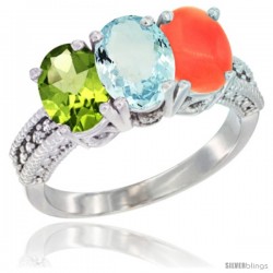 14K White Gold Natural Peridot, Aquamarine & Coral Ring 3-Stone Oval 7x5 mm Diamond Accent