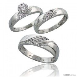 10k White Gold Diamond Trio Engagement Wedding Ring 3-piece Set for Him & Her 6 mm & 4.5 mm wide 0.10 cttw Brilliant Cut