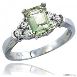 14k White Gold Ladies Natural Green Amethyst Ring Emerald-shape 7x5 Stone Diamond Accent