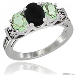 14K White Gold Natural Black Onyx & Green Amethyst Ring 3-Stone Oval with Diamond Accent