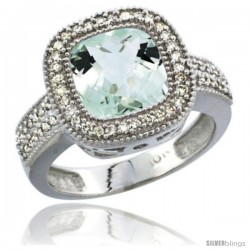 14k White Gold Ladies Natural Green-Amethyst Ring Cushion-cut 4 ct. 8x8 Stone Diamond Accent