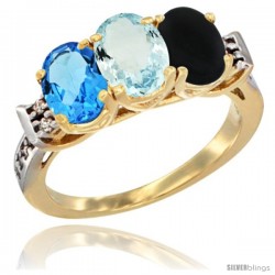 10K Yellow Gold Natural Swiss Blue Topaz, Aquamarine & Black Onyx Ring 3-Stone Oval 7x5 mm Diamond Accent